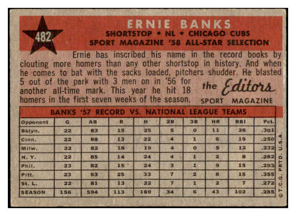 1958 Topps Baseball #482 Ernie Banks A.S. Cubs EX-MT 501971