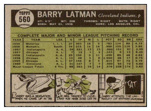 1961 Topps Baseball #560 Barry Latman Indians EX-MT 502162