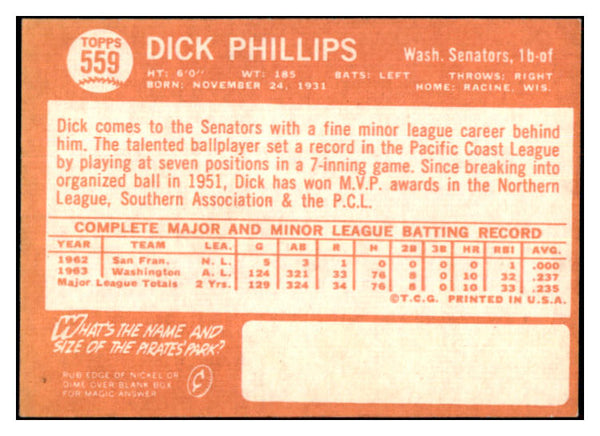 1964 Topps Baseball #559 Dick Phillips Senators EX-MT 502200