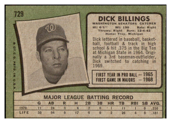 1971 Topps Baseball #729 Dick Billings Senators NR-MT 502485