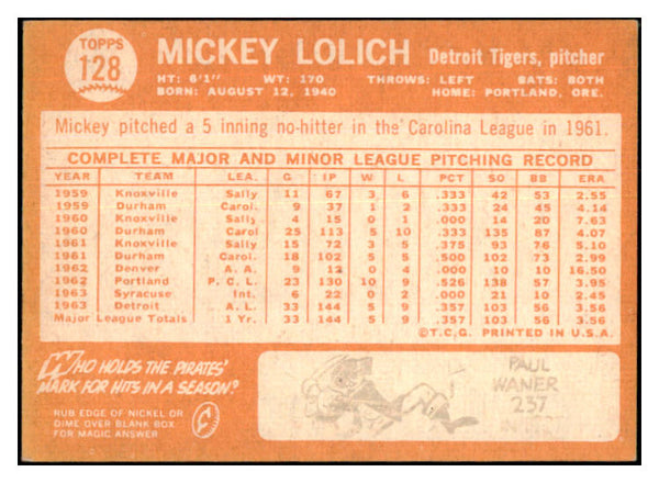 1964 Topps Baseball #128 Mickey Lolich Tigers EX-MT 502499