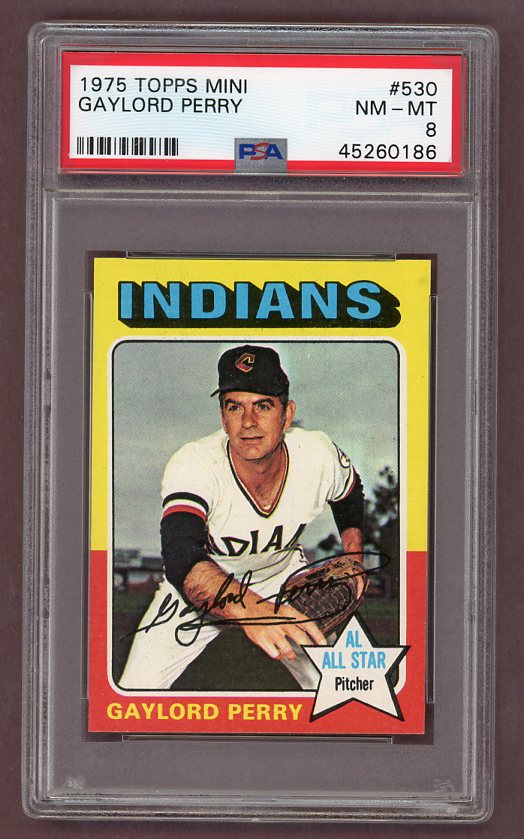 1975 Topps Mini Baseball #530 Gaylord Perry Indians PSA 8 NM/MT 503132