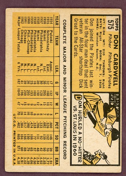 1963 Topps Baseball #575 Don Cardwell Pirates VG-EX 503475