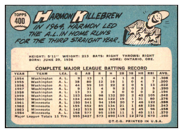 1965 Topps Baseball #400 Harmon Killebrew Twins EX-MT 503531