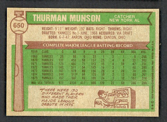 1976 Topps Baseball #650 Thurman Munson Yankees NR-MT 503748