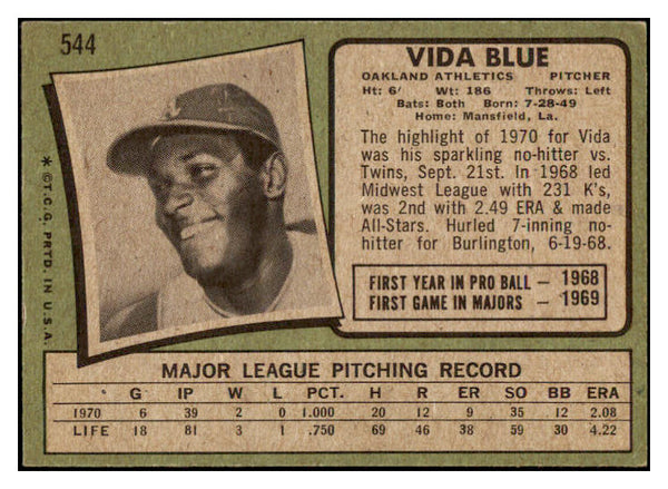 1971 Topps Baseball #544 Vida Blue A's EX+/EX-MT 503884