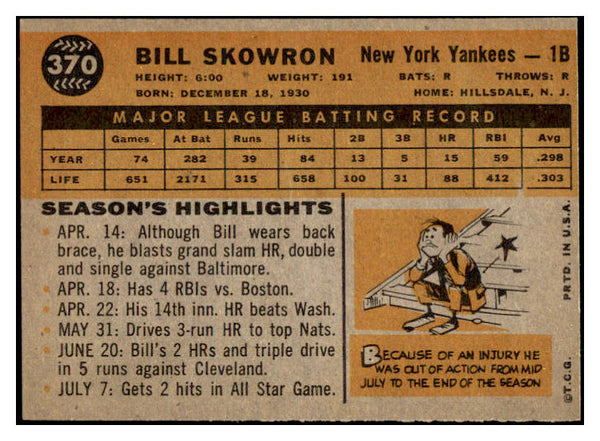 1960 Topps Baseball #370 Bill Skowron Yankees EX-MT 503963