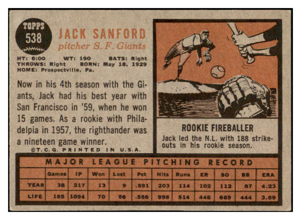 1962 Topps Baseball #538 Jack Sanford Giants EX-MT 504027