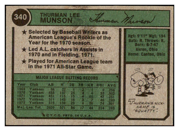 1974 Topps Baseball #340 Thurman Munson Yankees NR-MT 504250