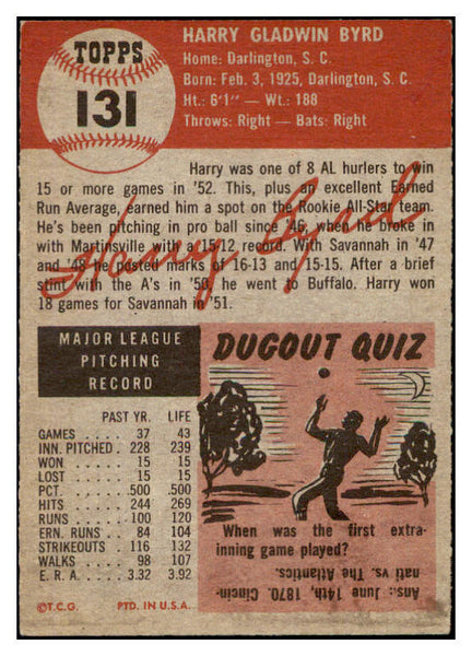 1953 Topps Baseball #131 Harry Byrd A"S EX-MT 504531