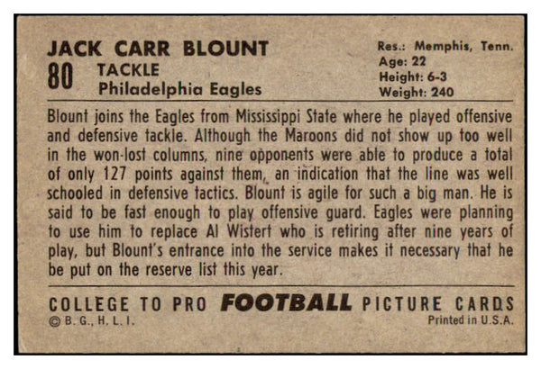 1952 Bowman Large Football #080 Jack Blount Eagles EX 504683