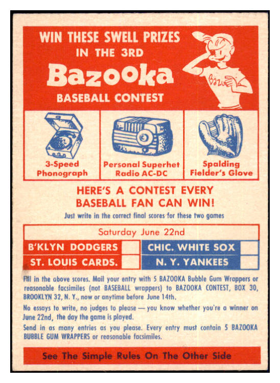 1957 Topps Baseball Contest June 22 EX-MT Unmarked 504908