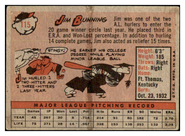 1958 Topps Baseball #115 Jim Bunning Tigers VG-EX 504973