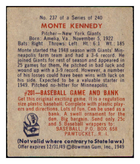 1949 Bowman Baseball #237 Monte Kennedy Giants EX-MT 505048