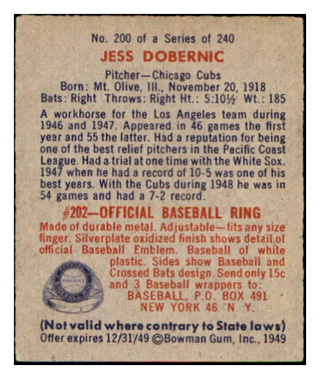 1949 Bowman Baseball #200 Jess Dobernic Cubs EX-MT 505089