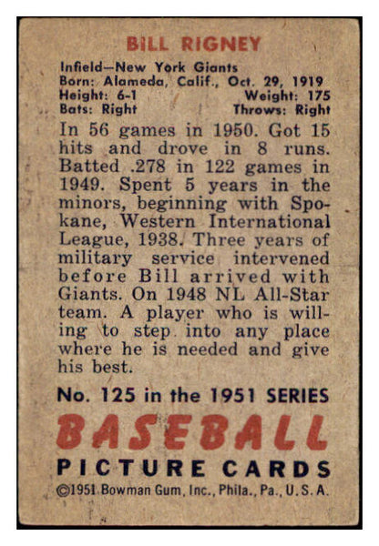 1951 Bowman Baseball #125 Bill Rigney Giants VG-EX 505150