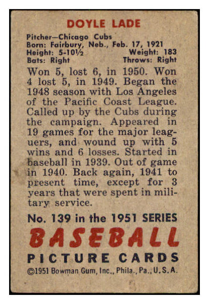 1951 Bowman Baseball #139 Doyle Lade Cubs VG-EX 505159