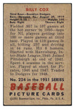 1951 Bowman Baseball #224 Billy Cox Dodgers VG-EX 505160