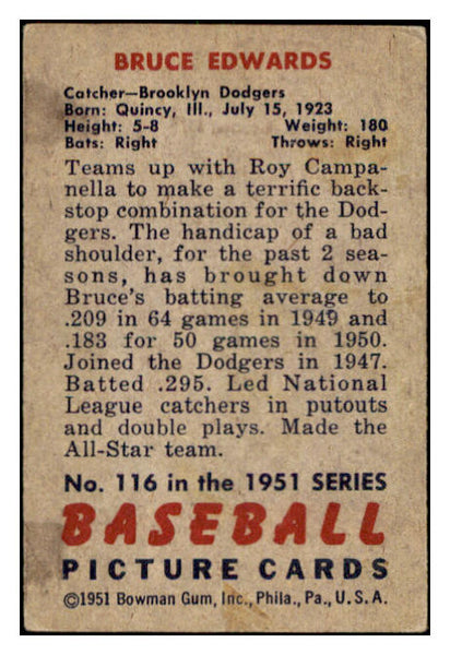 1951 Bowman Baseball #116 Bruce Edwards Dodgers VG-EX 505161