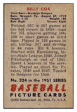 1951 Bowman Baseball #224 Billy Cox Dodgers NR-MT 505187