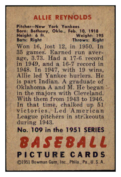1951 Bowman Baseball #109 Allie Reynolds Yankees EX 505201