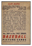 1951 Bowman Baseball #289 Cliff Mapes Yankees VG 505229