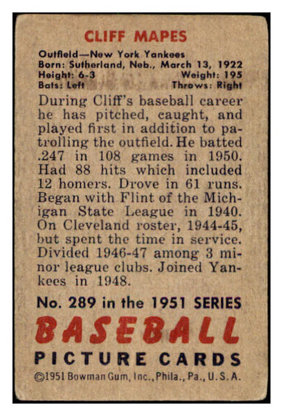 1951 Bowman Baseball #289 Cliff Mapes Yankees VG 505233