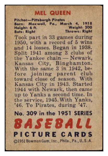 1951 Bowman Baseball #309 Mel Queen Pirates VG-EX 505259