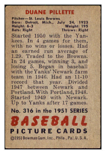 1951 Bowman Baseball #316 Duane Pillette Browns EX 505279