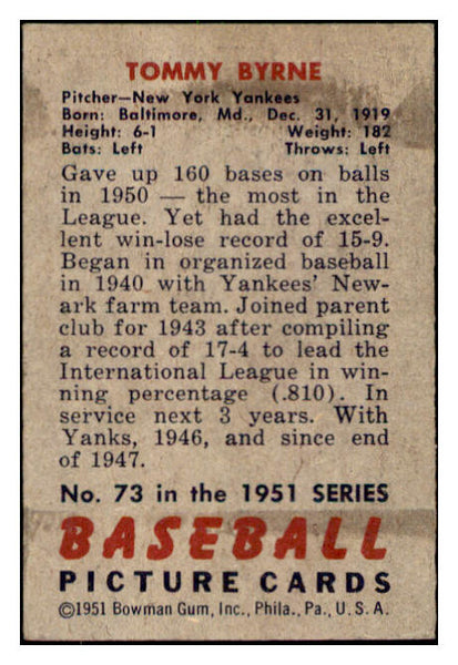 1951 Bowman Baseball #073 Tommy Byrne Yankees EX-MT 505296