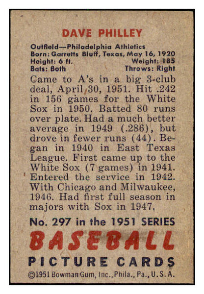 1951 Bowman Baseball #297 Dave Philley A's EX 505314