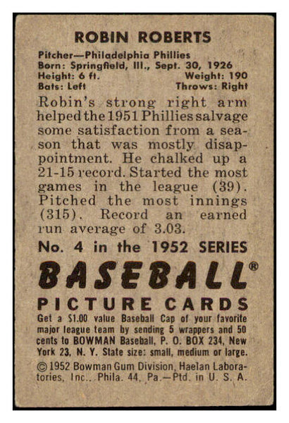 1952 Bowman Baseball #004 Robin Roberts Phillies EX 505326