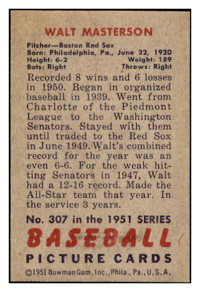 1951 Bowman Baseball #307 Walt Masterson Red Sox EX-MT 505351