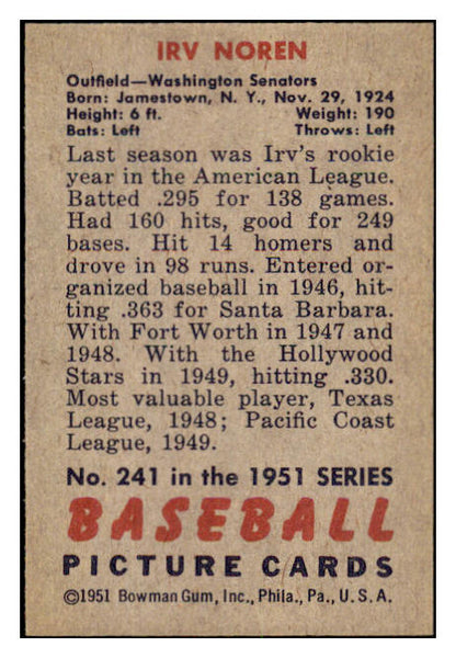 1951 Bowman Baseball #241 Irv Noren Senators NR-MT 505357
