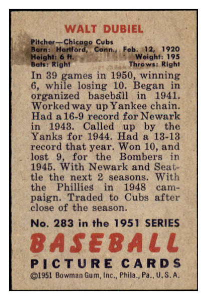 1951 Bowman Baseball #283 Walt Dubiel Cubs NR-MT 505365
