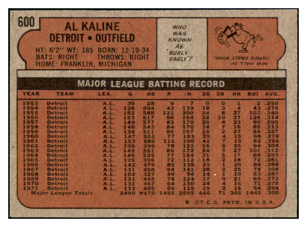 1972 Topps Baseball #600 Al Kaline Tigers EX-MT 505526