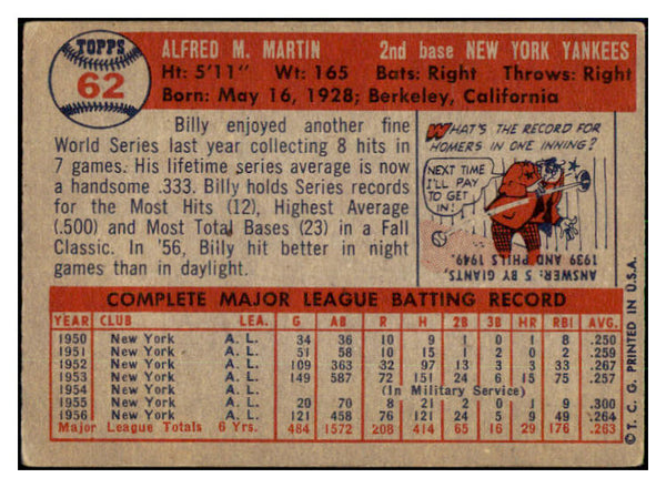 1957 Topps Baseball #062 Billy Martin Yankees VG-EX 505537