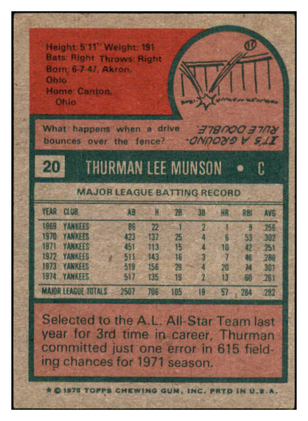 1975 Topps Baseball #020 Thurman Munson Yankees VG-EX 505671