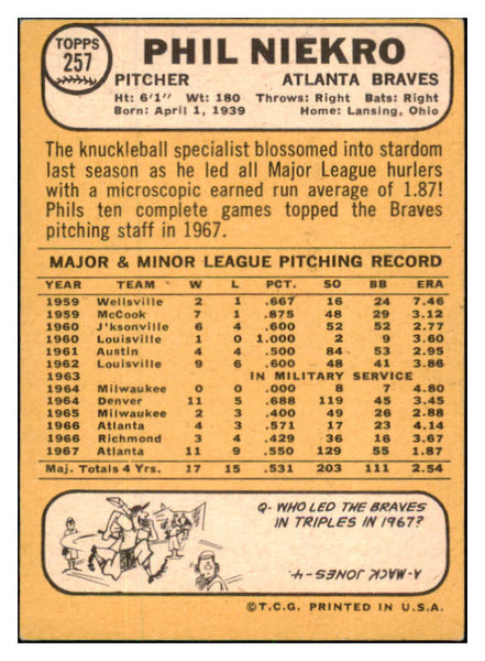 1968 Topps Baseball #257 Phil Niekro Braves EX-MT 505688