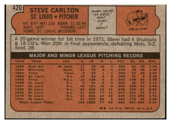 1972 Topps Baseball #420 Steve Carlton Cardinals VG-EX 505774