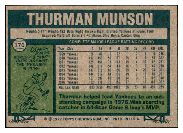 1977 Topps Baseball #170 Thurman Munson Yankees VG-EX 505865