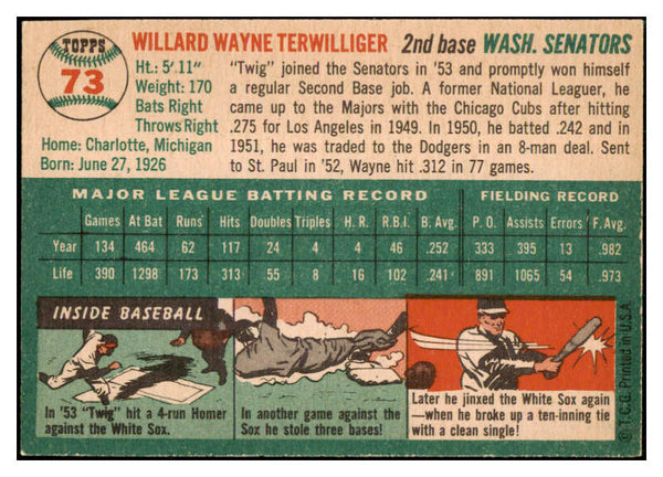 1954 Topps Baseball #073 Wayne Terwilliger Senators NR-MT 506319