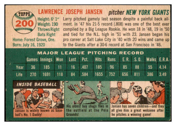 1954 Topps Baseball #200 Larry Jansen Giants NR-MT 506417