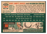 1954 Topps Baseball #187 Heinie Manush Senators NR-MT 506501