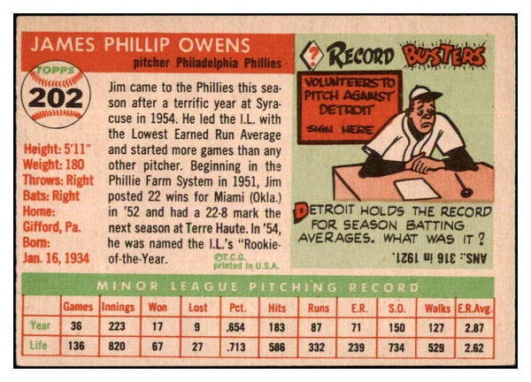 1955 Topps Baseball #202 Jim Owens Phillies VG-EX 506575