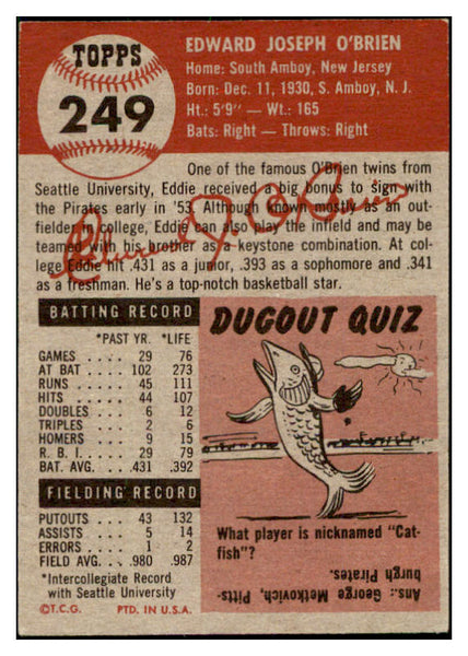 1953 Topps Baseball #249 Eddie O'Brien Pirates EX-MT 506603