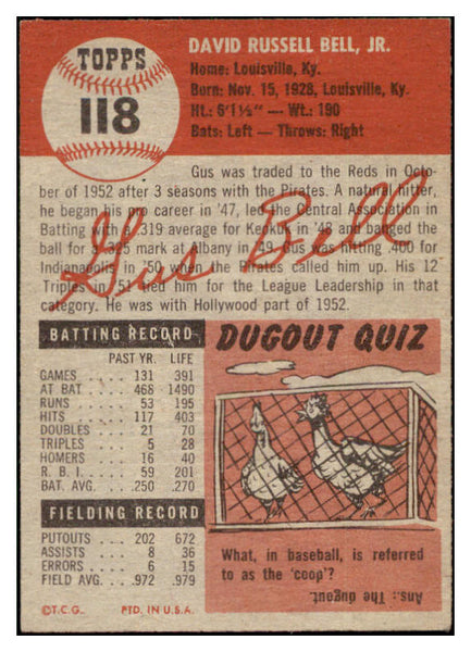 1953 Topps Baseball #118 Gus Bell Reds NR-MT 506683
