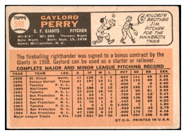 1966 Topps Baseball #598 Gaylord Perry Giants VG 507104