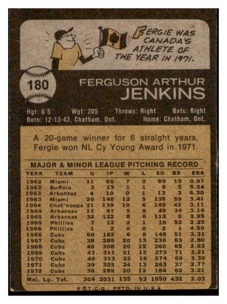 1973 Topps Baseball #180 Fergie Jenkins Cubs EX-MT 507159