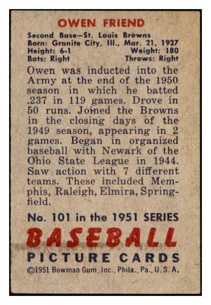 1951 Bowman Baseball #101 Owen Friend Browns NR-MT 507317